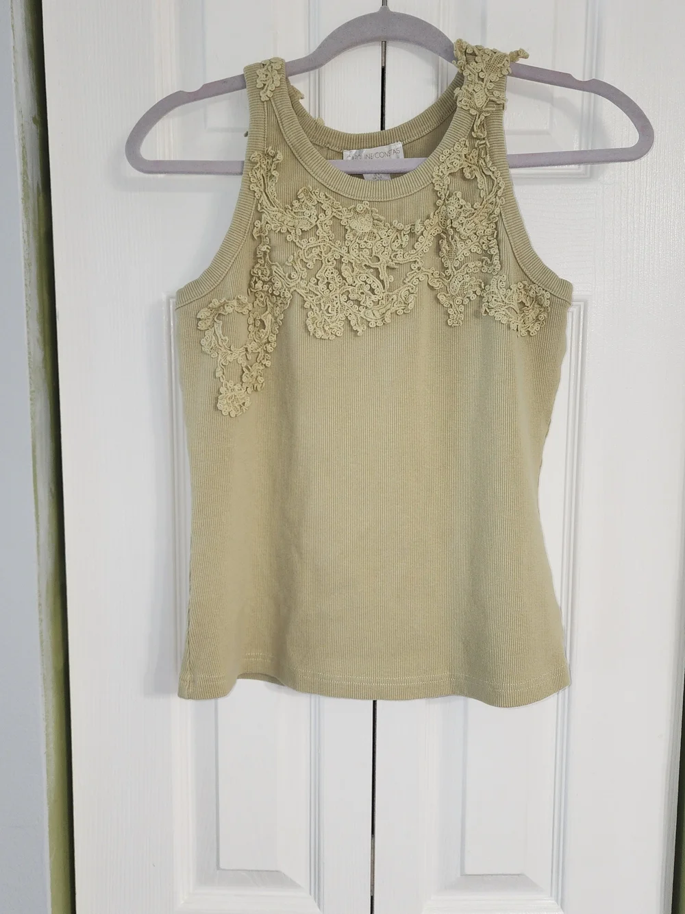 Caroline Constas Lace-Appliqué Ribbed Tank in Cream With Muted Sage Size L
